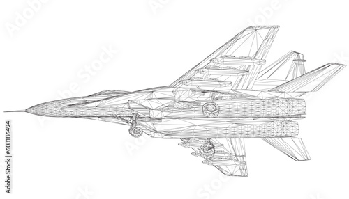 Military fighter jet wireframe. Vector art illustration of wireframe airplane. Modern war aircraft. Supersonic speed. 3D..