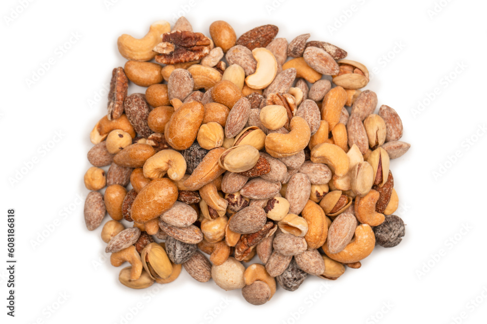 A group of almonds, pistachios, walnuts, macadamia, cashews. A group of almonds, pistachios, walnuts, macadamia, cashews.
