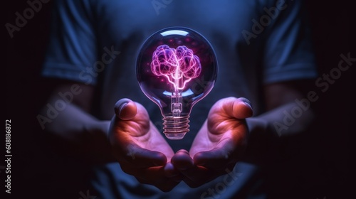hand is holding a light bulb with a brain close up concept of the idea view Created With Generative AI Technology