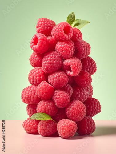 Stack of ripe raspberries. AI generative