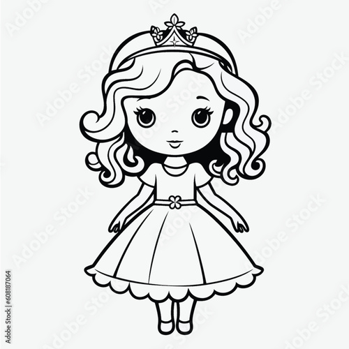 Black and White Princess Illustration: Minimalistic Coloring Page for Kids with Simple Shapes