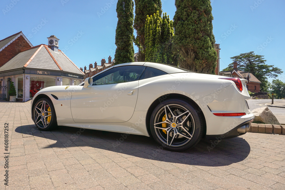 Lyndhurst England 14 June 2022 A white Ferrari sports car parked at
