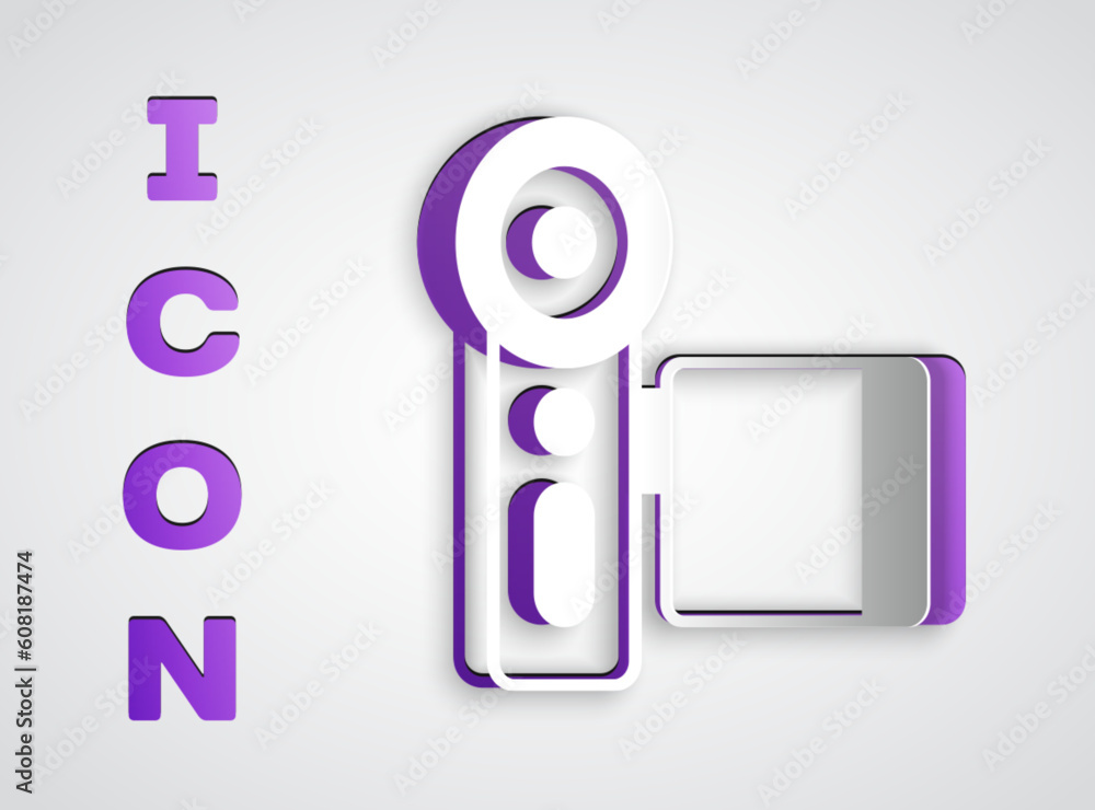 Paper cut Cinema camera icon isolated on grey background. Video camera. Movie sign. Film projector. Paper art style. Vector Paper cut Cinema camera icon isolated on grey background. Video camera. Movie sign. Film projector. Paper art style. Vector