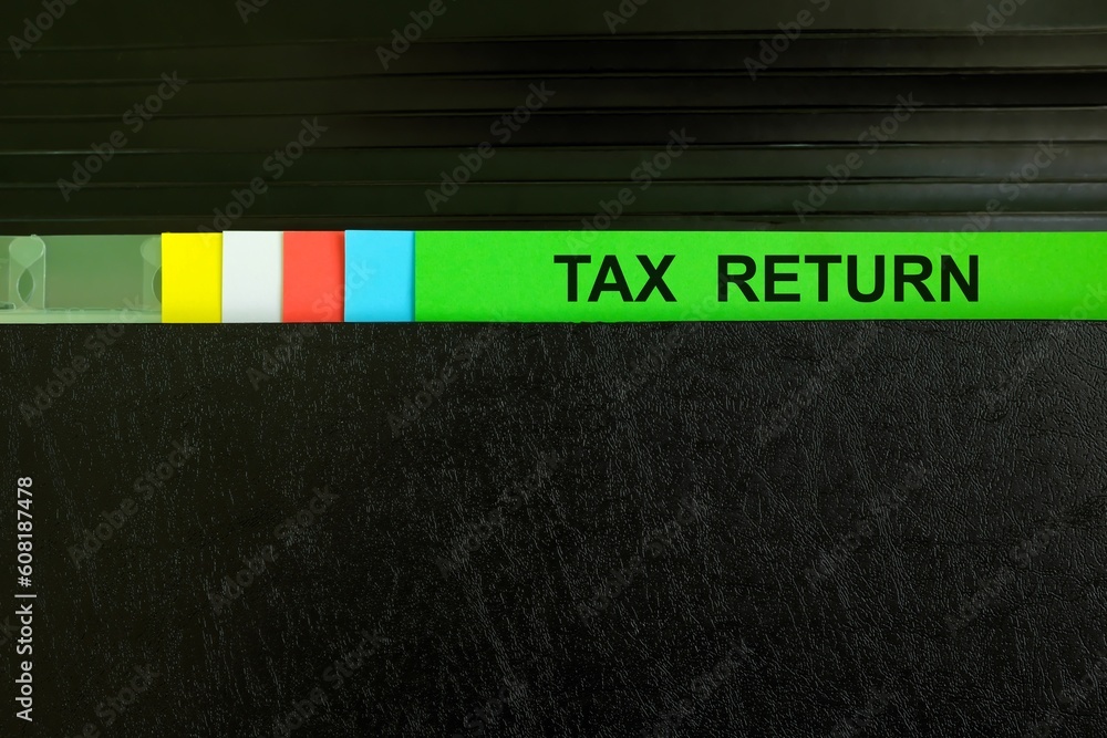 Obraz premium Hand picking tax return file record in black binder folder. Filing, accounting and taxation concept. 