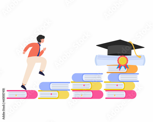 young student climbing the books ladder to reach the degree and wearing university graduation hat.