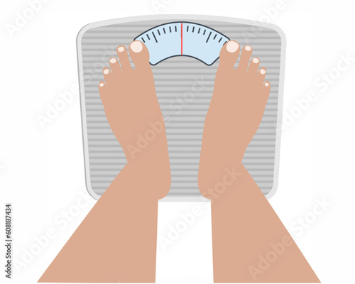 Person standing on the scales concept of measuring weight in weight scale weight gain or weight loss. 