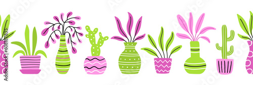 Seamless border of bright colorful potted plants. Home flower growing collection. Green and pink trendy background. EPS 10 vector houseplant hand drawn design flat style illustration.