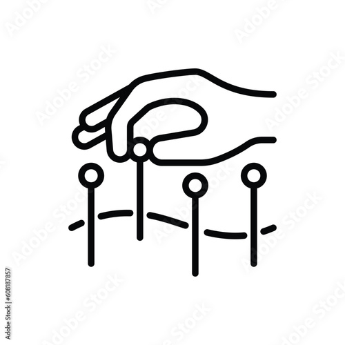 Acupuncture thin line icon. Hand with needle, alternative medicine. Pain relief, arthritis treatment. Vector illustration.