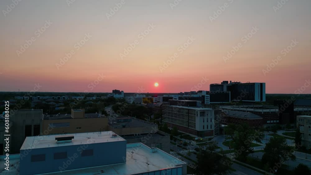 Drone shot Indianapolis city skyline in America at beautiful sunset Drone shot Indianapolis city skyline in America at beautiful sunset