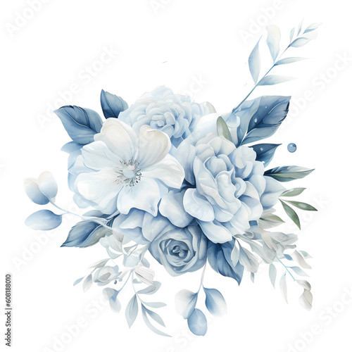 watercolor blue theme wedding elements isolated in white background