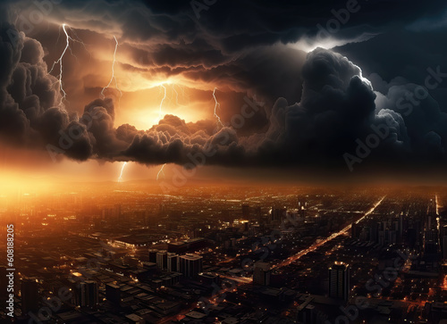 Lightning storm over city. Thunderbolt in a night city landscape. Generative Ai