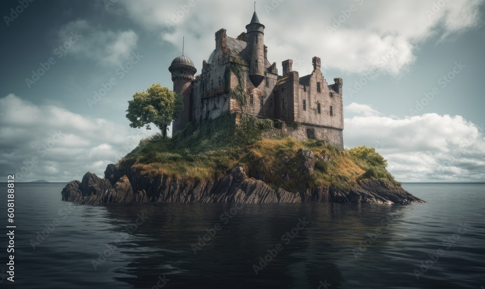 The old castle stood abandoned on a small island Creating using generative AI tools