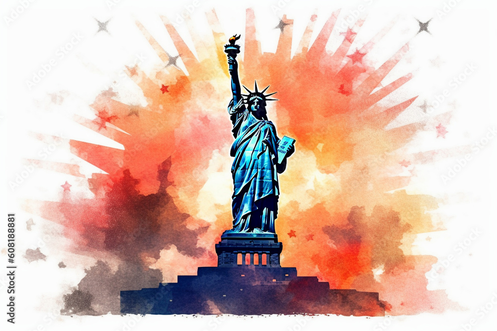 The Statue of Liberty with fireworks bursting behind it, watercolor style, independence Day Generative AI The Statue of Liberty with fireworks bursting behind it, watercolor style, independence Day Generative AI