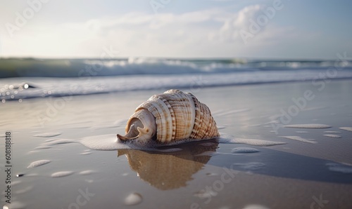 The beach is adorned with a majestic shell, nestled amidst the soothing waves. Creating using generative AI tools