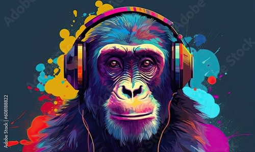 The lively monkey ape, wearing headphones, brought the party spirit everywhere. Creating using generative AI tools