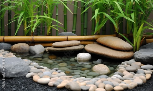 Miniature bamboo forest with decorative stones for relaxation.