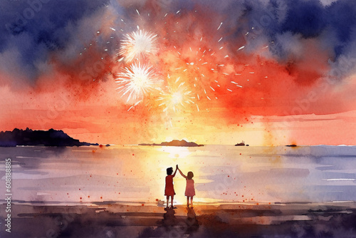Kids playing with sparklers on a beach at sunset, watercolor style, independence Day Generative AI © Наталья Евтехова