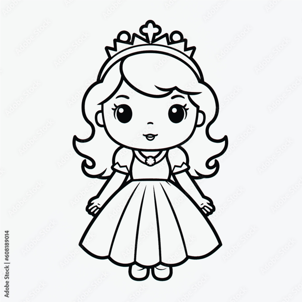 Cute Princess Coloring Page: Full Body Shot with Simple Outline and Shapes for Kids Cute Princess Coloring Page: Full Body Shot with Simple Outline and Shapes for Kids