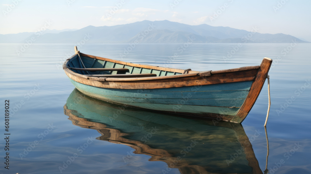 Small Blue Wooden Boat on a Lake Reflecting on the Water, generative ai