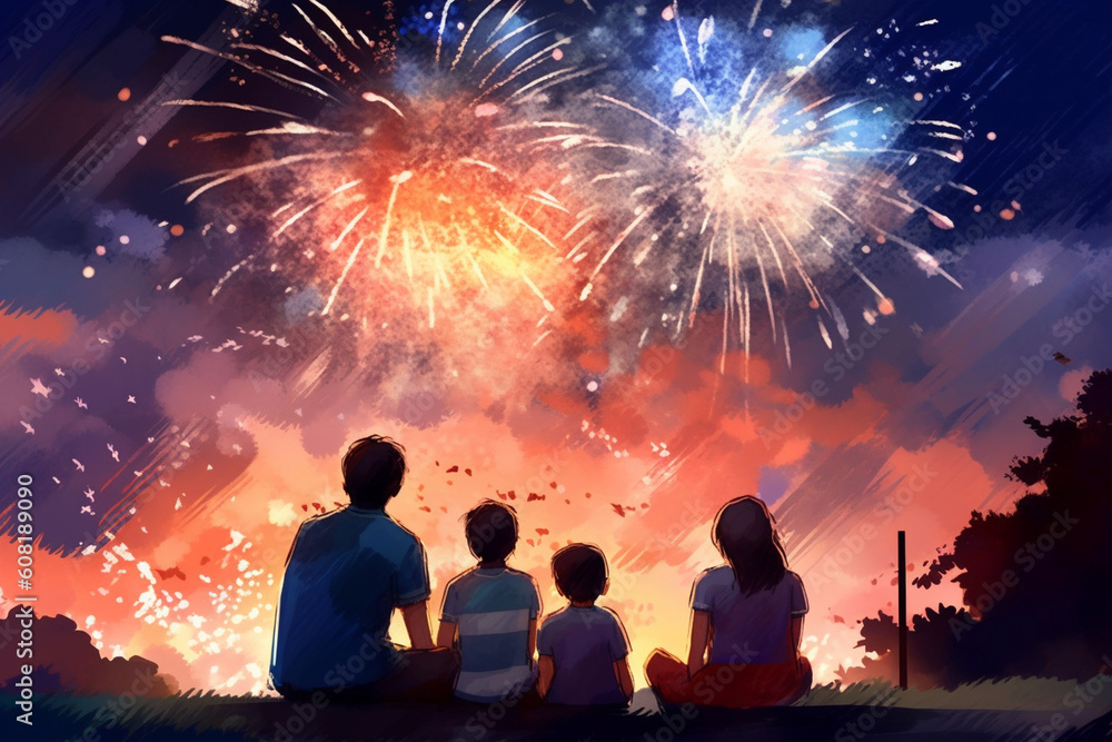 Families sitting on blankets and watching a spectacular fireworks display, watercolor style, independence Day Generative AI Families sitting on blankets and watching a spectacular fireworks display, watercolor style, independence Day Generative AI