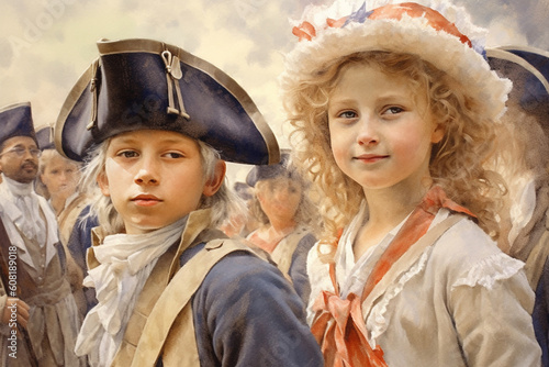 Children dressed as historical figures during a reenactment, watercolor style, independence Day Generative AI photo