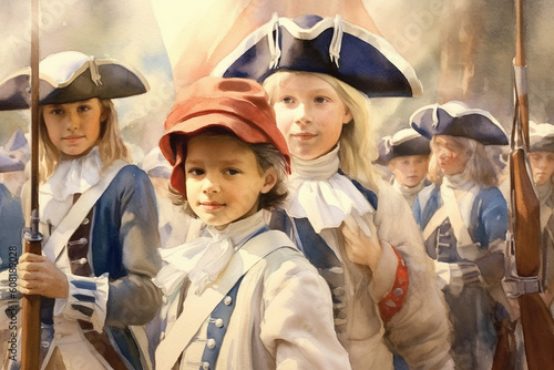 Children dressed as historical figures during a reenactment, watercolor style, independence Day Generative AI