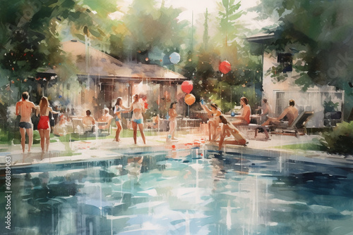 A backyard pool party with friends and family  watercolor style  independence Day Generative AI