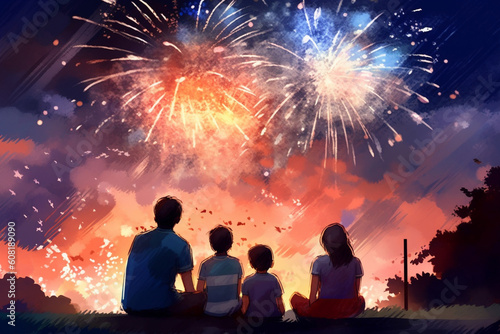 Families sitting on blankets and watching a spectacular fireworks display, watercolor style, independence Day Generative AI