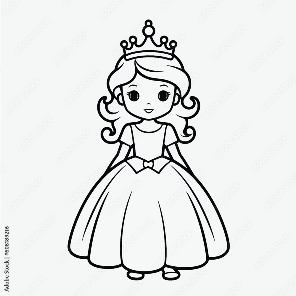 Cute Princess Coloring Page: Full Body Shot with Simple Outline and Shapes for Kids Cute Princess Coloring Page: Full Body Shot with Simple Outline and Shapes for Kids