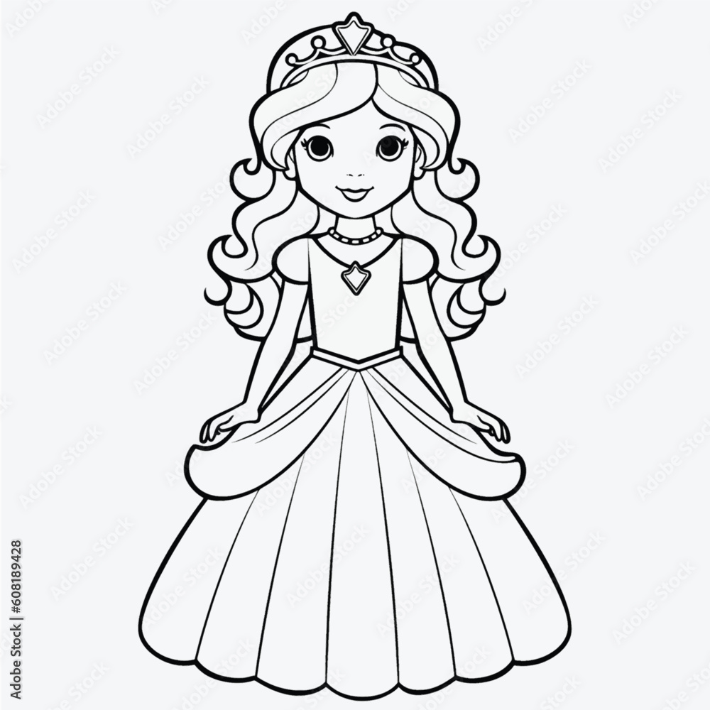 Cute Princess Coloring Page: Full Body Shot with Simple Outline and Shapes for Kids Cute Princess Coloring Page: Full Body Shot with Simple Outline and Shapes for Kids