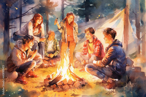 Friends and family gathered around a campfire, sharing stories and laughter, watercolor style, independence Day Generative AI