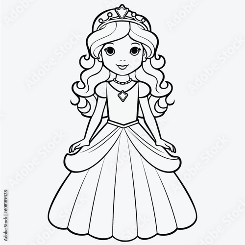Cute Princess Coloring Page  Full Body Shot with Simple Outline and Shapes for Kids