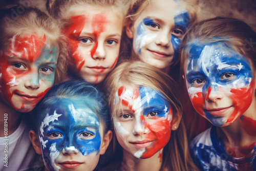 A group of kids painting their faces with patriotic colors, watercolor style, independence Day Generative AI