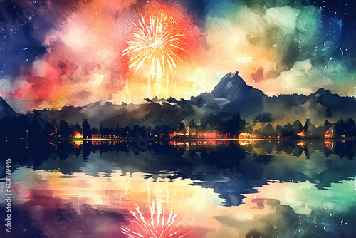 A serene lake surrounded by mountains, with fireworks reflecting on the water, watercolor style, independence Day Generative AI © Наталья Евтехова