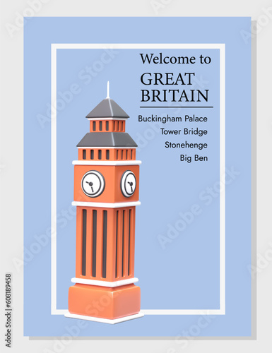 Welcome to Great Britain. Tourist invitation template with list of attractions in England. Souvenir card. Poster with 3D Big Ben. Tip for vacationers from travel agency in cute cartoon style