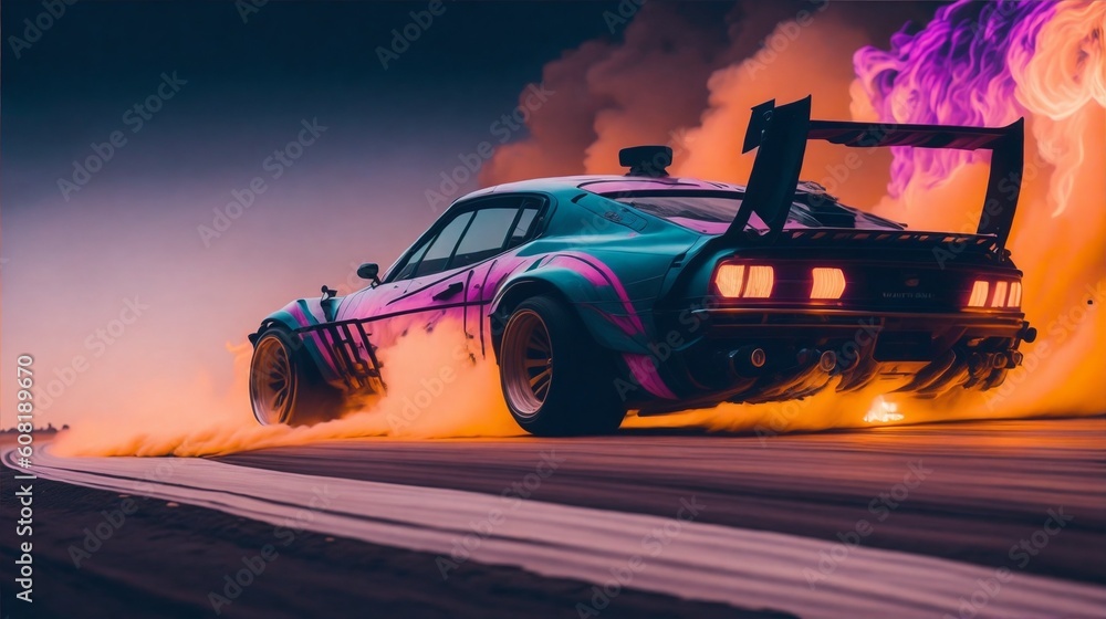 A colorful car drifting with smoke coming from the tires in neon ligthing created with Generative AI