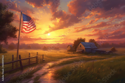 A beautiful sunset over a peaceful countryside, with an American flag waving in the distance, watercolor style, independence Day Generative AI