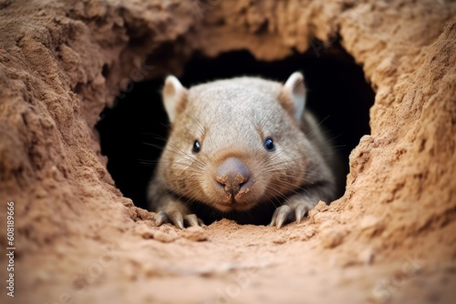 close up of a wombat looking straight out of a hole