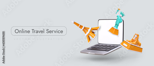 Online travel service. Quick access to information needed by tourists. Choosing tour, excursions, planning rest program. Advertising poster with 3D laptop and world architectural monuments