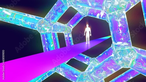 looped 3d animation of hiking along a rainbow path inside a moving 4-dimensional figure photo