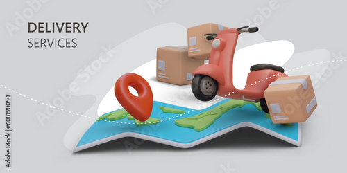 Worldwide delivery service. Sending orders to different countries. Vector concept for manufacturer, store, transport company. 3D illustration with scooter, cardboard boxes, map, geo tag