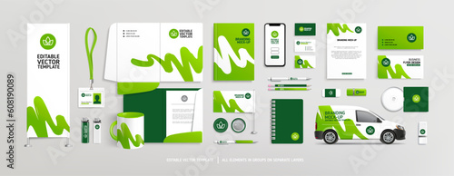 Editable vector Brand Identity concept of stationery Mock-Up set with green and white abstract graphics design. Branding stationery mockup template of File folder, annual report, van car, AD banner