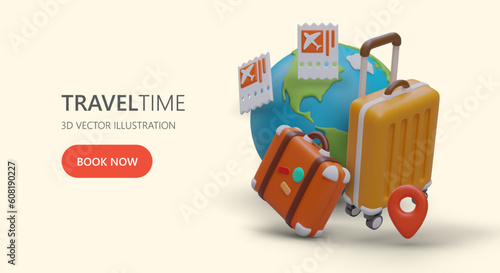 Trip for two. Romantic tours for couples. Advertising poster for transition to landing page. Ready made layout with 3D color illustrations, 2 suitcases, 2 airline tickets, large globe