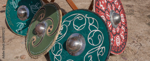 Celtiberian shield resting on the ground, caetra replicas photo