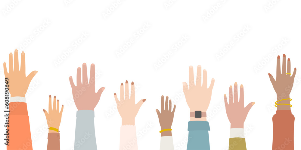 Hands of diverse people with colorful sleeves raising and showing back of the hands in flat design vector