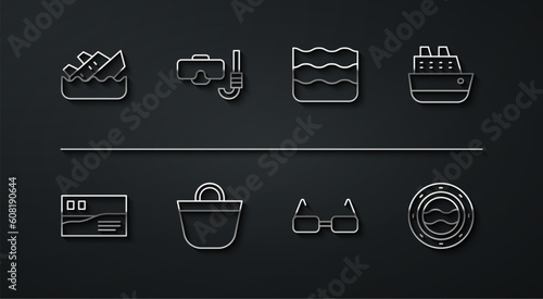 Set line Sinking cruise ship, Postcard travel, Cruise, Glasses, Beach bag, Diving mask and snorkel, Ship porthole with seascape and Wave icon. Vector