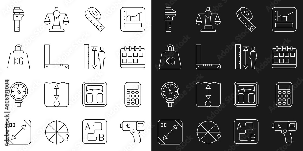 Set line Digital thermometer, Calculator, Calendar, Measuring tape, Corner ruler, Weight, Calliper caliper and scale and height body icon. Vector