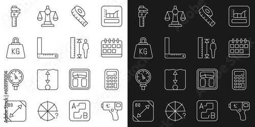 Set line Digital thermometer, Calculator, Calendar, Measuring tape, Corner ruler, Weight, Calliper caliper and scale and height body icon. Vector