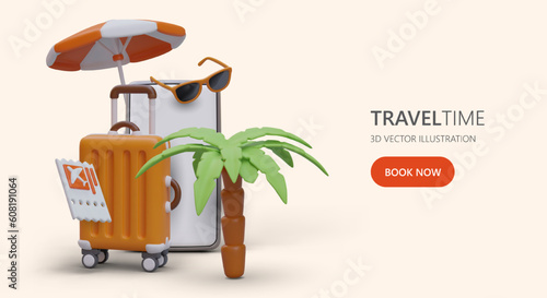 Travel agency advertising for social networks. Poster with red jump button. Realistic palm tree, sunglasses, beach umbrella, smartphone, suitcase, plane ticket