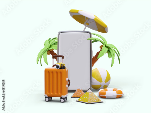 Mockup with smartphone for travel agency. 3D phone with blank screen, vacationer accessories. Travel to warm countries, tropical resorts. Illustration with realistic figures. Poster in cartoon style